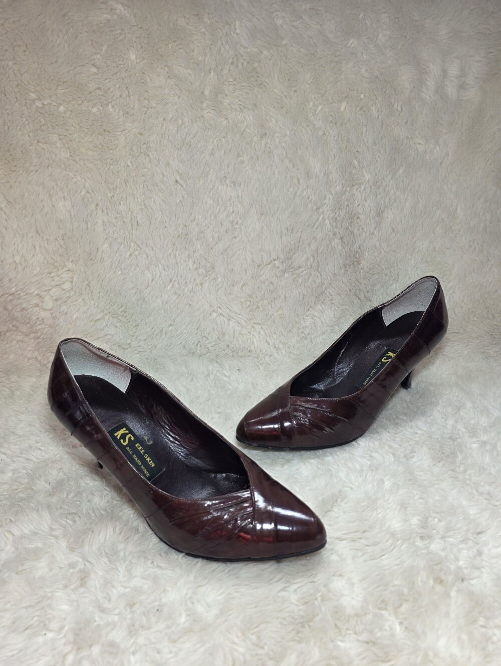 Vintage KS Genuine Eel Skin Leather Pumps Burgundy Wine Heel Shoes Like New 7.5